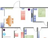Plano de vivienda con cocina, comedor, sala, dormitorio y baño. Se planea tirar tabique para unir dos pisos y crear un espacio más amplio.