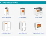 Ilustraciones de sistemas de calefacción de biomasa: estufas y calderas de pellets y leña, y cocina de leña.