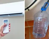 Aire acondicionado con mando a distancia y una botella recogiendo el agua del aire acondicionado es destilada.