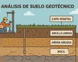 Un trabajador realiza un estudio geotecnico, perforando el suelo para analizar capas de vegetación, arcilla limosa, arena gruesa y roca.
