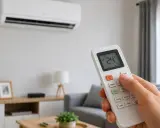 Mano ajustando la temperatura de consigna del aire acondicionado a 24°C con el mando a distancia.