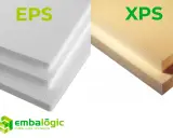 Planchas de poliestireno expandido (EPS) blanco y extruido (XPS) amarillo, ejemplos de materiales de embalaje.