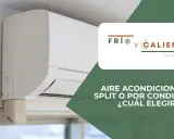 Un aire acondicionado split, moderno y blanco, montado en la pared. El logo "Frí y Caliente" aparece junto al texto "¿Qué es split aire acondicionado?".