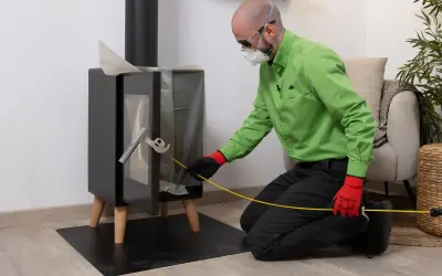 Hombre con equipo de protección, usando una herramienta para limpiar el tubo de una chimenea de leña.
