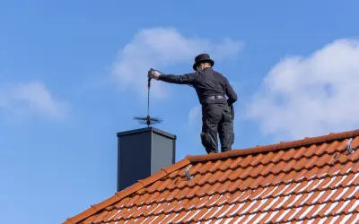 Deshollinador chimenea casero, con sombrero y traje negro, limpia la chimenea desde el tejado.