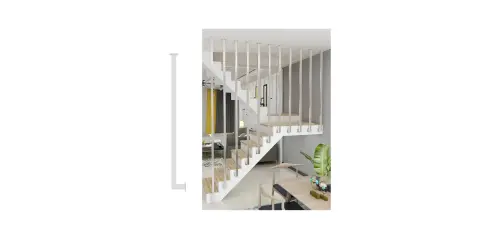 Escalera moderna con balaustres verticales blancos. Guía visual sobre como colocar balaustres en escaleras para un acabado seguro y estético.