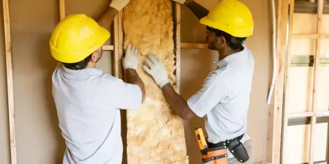 Dos obreros instalan aislamiento en una pared, eligiendo materiales con baja conductividad para mejorar la eficiencia energética.