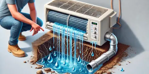 Unidad interior de aire acondicionado gotea agua. Un hombre señala la fuga mientras el agua cae sobre tierra y raíces.