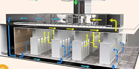 Diagrama de un centro de datos con flujo de aire para free cooling. Aire fresco entra (verde), se distribuye (azul) y sale caliente (amarillo).