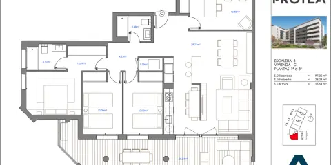 Plano de una casa con orientación norte. Muestra distribución de habitaciones, terraza y medidas.