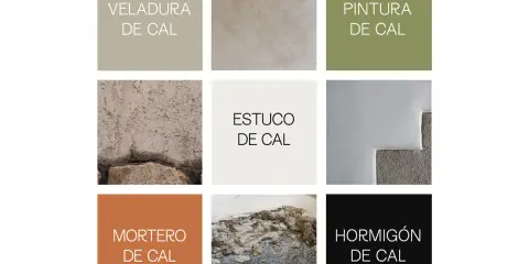 Mortero de cal, estuco, veladura, pintura y hormigón de cal, materiales de construcción con acabados texturizados.