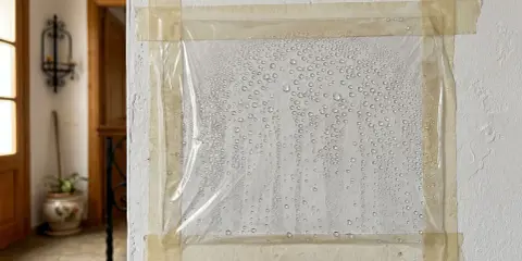 Plástico adherido a pared con cinta, mostrando gotas de condensación. Indica posibles humedades en el suelo de la planta baja.