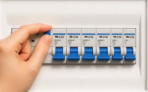 Mano manipulando un interruptor en un cuadro eléctrico, mostrando varios disyuntores. Esto ilustra qué es un diferencial eléctrico y su función de protección.