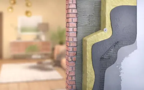 Corte de pared que muestra el aislamiento y los materiales de construcción, ilustrando cómo funciona una casa passivhaus que es eficiente energéticamente.