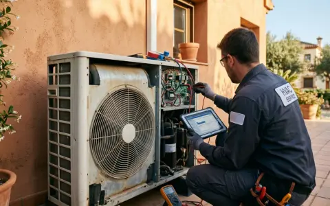 Técnico realiza mantenimiento a bomba de calor, revisando componentes y datos en tablet.