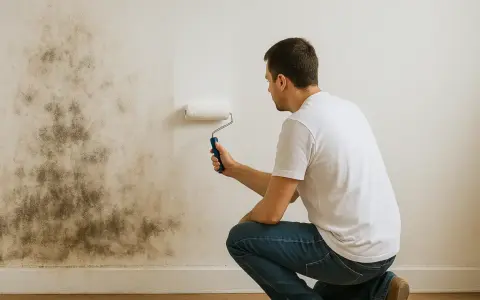 Hombre pintando pared con moho. La pintura caduca sin abrir, pero el problema de humedad persiste.