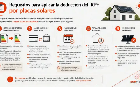 Requisitos para deducción IRPF placas solares: certificado energético, pago trazable, plazos, titularidad inmueble y sin exclusiones. La deducción por inversión en eficiencia energética es clave.
