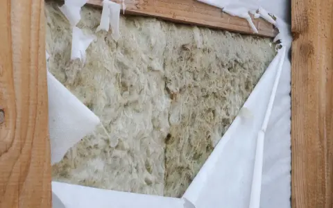 Aislamiento de lana de roca expuesto, con una barrera de vapor blanca rasgada que revela la textura fibrosa.
