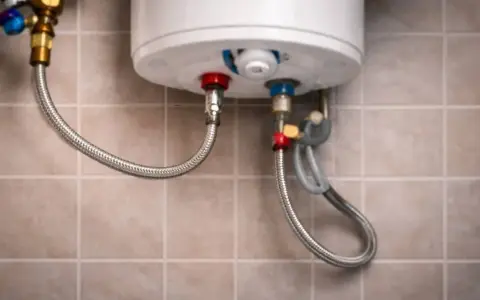 Detalle de conexiones de un termo eléctrico. Se observa una manguera flexible conectada a la válvula de seguridad, indicando que el termo eléctrico gotea por ahí.