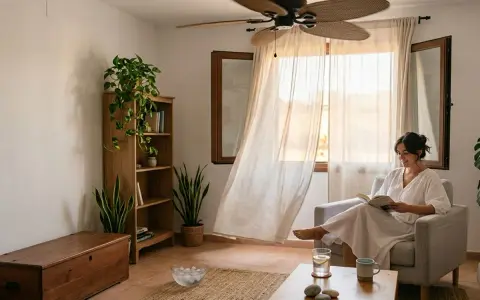 Mujer leyendo en sillón, con ventilador de techo y cortinas movidas por la brisa. Consejos aire acondicionado: ventilar y usar ventilador para refrescar.