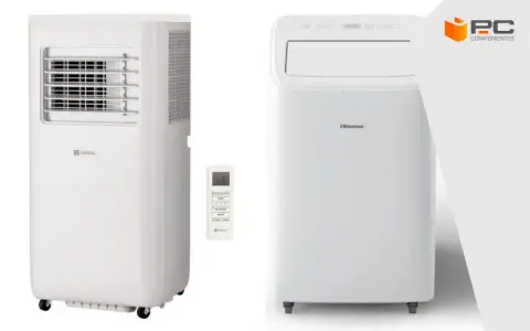 Dos aires acondicionados portátiles blancos, uno marca "ORIGIAL" con mando a distancia, y otro "Hisense". Ideales para calcular consumo aire acondicionado.