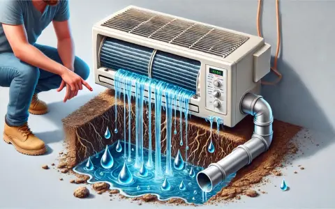 Unidad interior de aire acondicionado gotea agua. Un hombre señala la fuga mientras el agua cae sobre tierra y raíces.