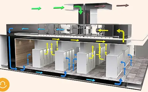 Diagrama de un centro de datos con flujo de aire para free cooling. Aire fresco entra (verde), se distribuye (azul) y sale caliente (amarillo).
