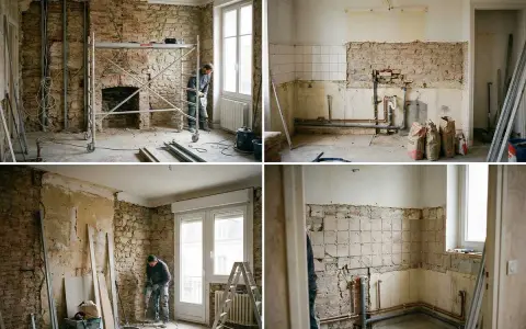 Obras en curso: un trabajador usa un martillo neumático en una habitación con andamios. Parece que hubo que cambiar de arquitecto a mitad de obra.