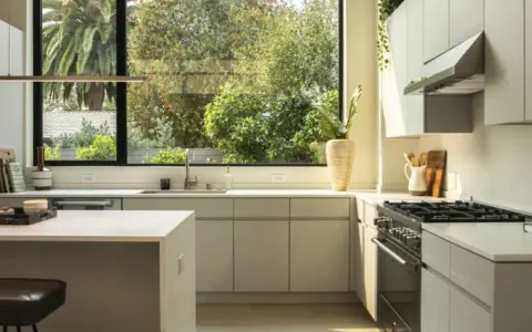 Cocina moderna con campana extractora de acero inoxidable. El motor de la campana extractora no funciona, pero la vista al jardín es espectacular.