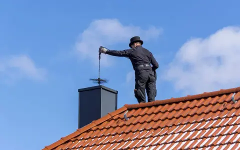 Deshollinador chimenea casero, con sombrero y traje negro, limpia la chimenea desde el tejado.