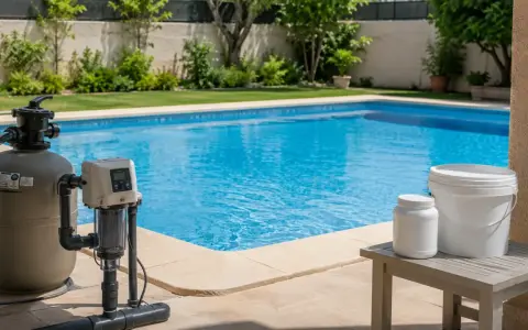 Sistema de filtración y depósitos blancos junto a una piscina azul, ilustrando como funciona una piscina de sal.