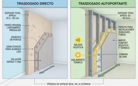 Ilustración comparativa de dos tipos de tabique casa: directo y autoportante, mostrando sus grosores y beneficios.