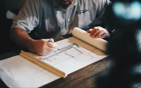 Arquitecto dibuja planos detallados, calculando la superficie edificable para un nuevo proyecto.