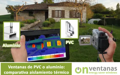 Comparativa de ventanas de PVC y aluminio, mostrando el **coeficiente aislamiento térmico** con cámara termográfica.