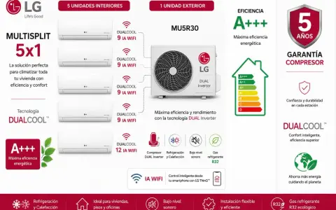 Sistema multisplit LG 5x1 con 5 unidades interiores y 1 exterior. Eficiencia A+++, DUAL Inverter y control inteligente.