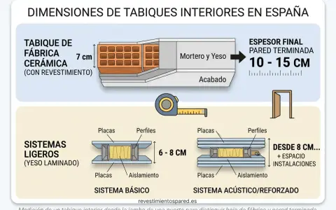 Ilustración de partes de una pared interior: tabique de fábrica cerámica, sistemas ligeros (yeso laminado) básico y acústico/reforzado, con medidas.