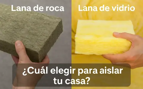 Mano sostiene un bloque de lana de roca aislante, verde grisáceo, junto a un bloque de lana de vidrio amarilla.