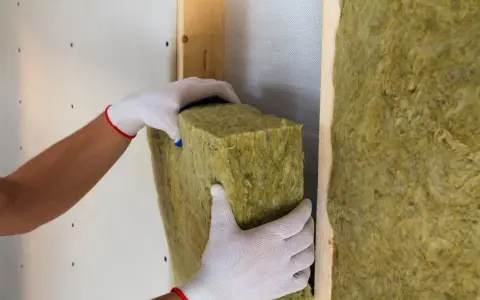 Manos enguantadas colocan aislamiento de lana de roca para saber como aislar termicamente una habitacion.