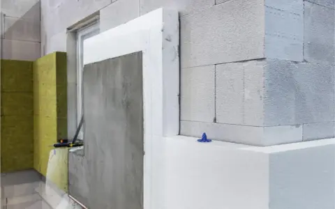 Detalles de construcción: ejemplos de aislantes térmicos como poliestireno y lana mineral en una pared de bloques.