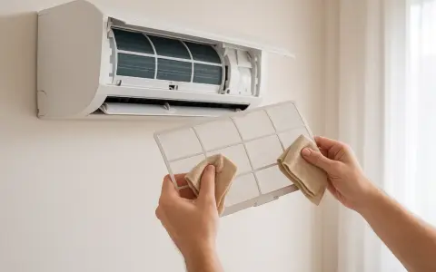 Man limpiando el filtro de un aire acondicionado split. El mantenimiento regular asegura un aire más limpio y un funcionamiento óptimo.
