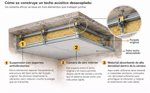 Detalle de un falso techo acústico desacoplado, ideal para aislar techo ruido vecinos. Muestra suspensión, cámara de aire y material absorbente.