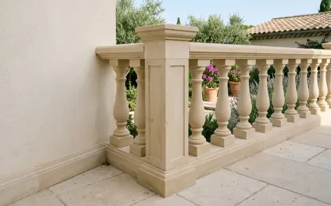 Una elegante balaustrada de piedra con balaustres torneados, que delimita un patio con baldosas y un jardín con flores púrpuras.