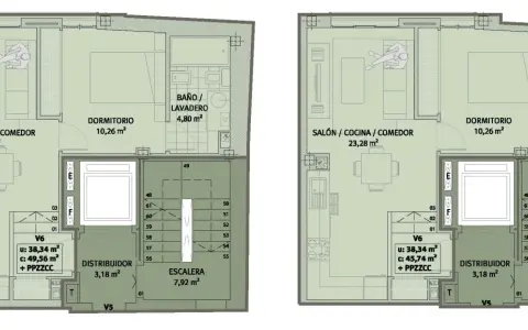Plano de una vivienda con salón-cocina-comedor, dormitorio, baño/lavadero y distribuidor. La superficie construida del edificio se aprecia en este plano de varias plantas.