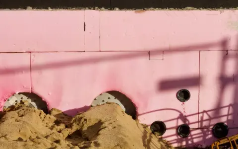Aislamiento rosa para cimentación, con arena y tuberías. Su baja transmitancia térmica es clave para la eficiencia energética.