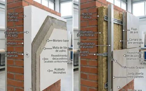 Comparativa visual: Sistema SATE vs. Fachada Ventilada. Muestra capas de aislamiento y acabados, destacando la diferencia entre ambos sistemas constructivos.
