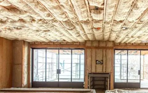 Techo con aislamiento de lana de vidrio, material que es inflamable. Ventanales y chimenea en construcción.