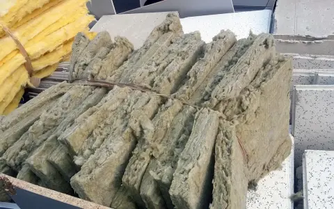Fardos de lana de roca, material aislante que puede ser tóxico si no se maneja con cuidado, apilados junto a paneles de techo.