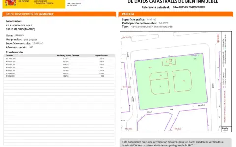 Plano catastral de una parcela urbana en Madrid, con la **superficie construida** detallada por destino y planta.