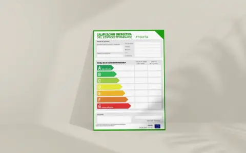 Etiqueta de calificación energética de viviendas. Muestra la escala de eficiencia de A (más eficiente) a G (menos eficiente), junto con datos del edificio y consumo.