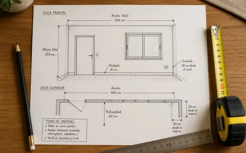 Planos de una habitación con medidas: vista frontal y superior, mostrando puerta, ventana, enchufe y rodapié. La profundidad edificable es de 60 cm.